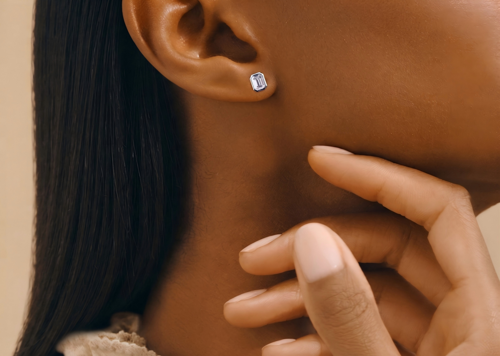 The Monolith lab-grown diamond earrings model view — Cyrediamond