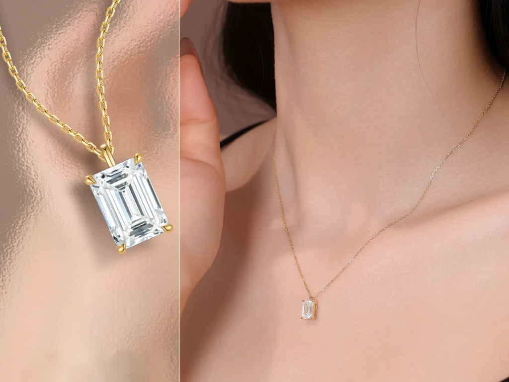 Collana Cyre The Obelisk indossata, diamante lab-grown taglio smeraldo 1ct, oro 18K