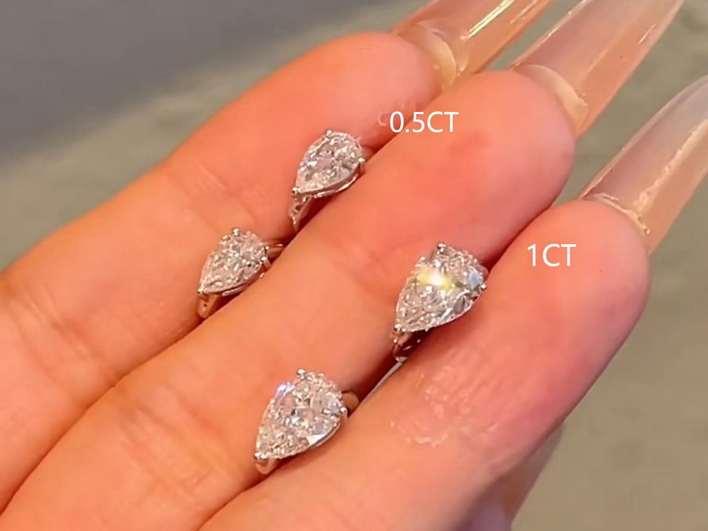 Orecchini Cyre The Gutta diamante lab-grown taglio goccia, confronto misure 0.5ct e 1ct, oro 18K